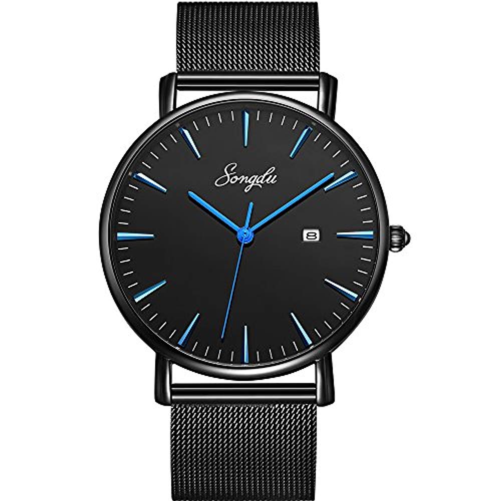 SONGDU 패션 블랙 맨즈 쿼츠 날짜 표시 워치 비지니스 캐주얼 아날로그 손목시계 (블루)
